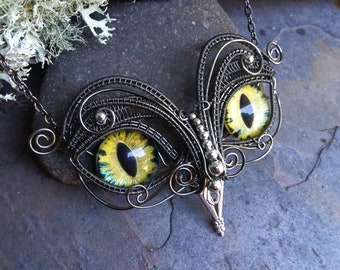 Gothic Steampunk Twisted Sister Arts Owl Pendant with Yellow Eyes