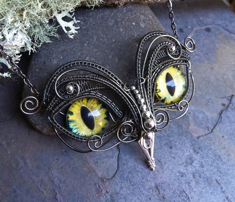 Gothic Steampunk Twisted Sister Arts Owl Pendant with Yellow Eyes image 1