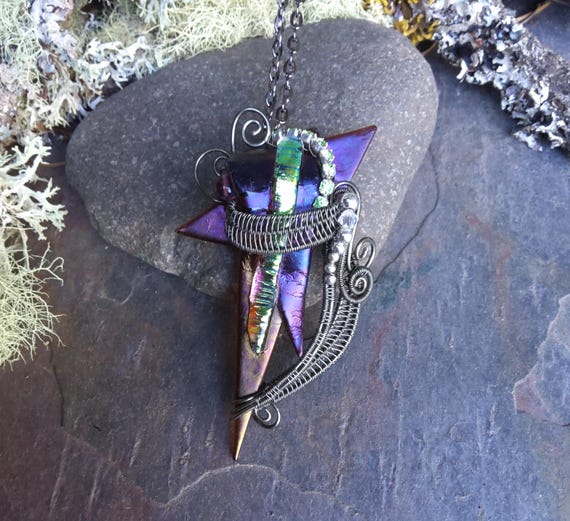Glass Pin Pendant with Handwoven Wire