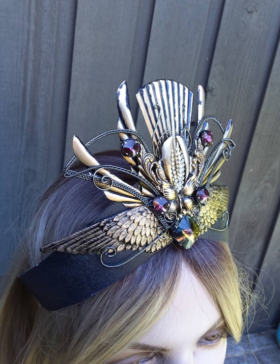 Gothic Steampunk Crown Kokoshnick Tiara with Wings