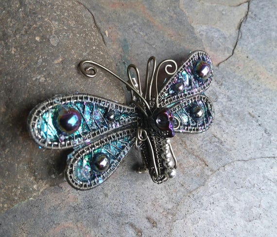 Gothic Death Moth Pin Brooch in Purple and Turquoise