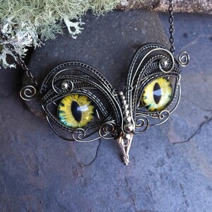 Gothic Steampunk Twisted Sister Arts Owl Pendant with Yellow Eyes image 4