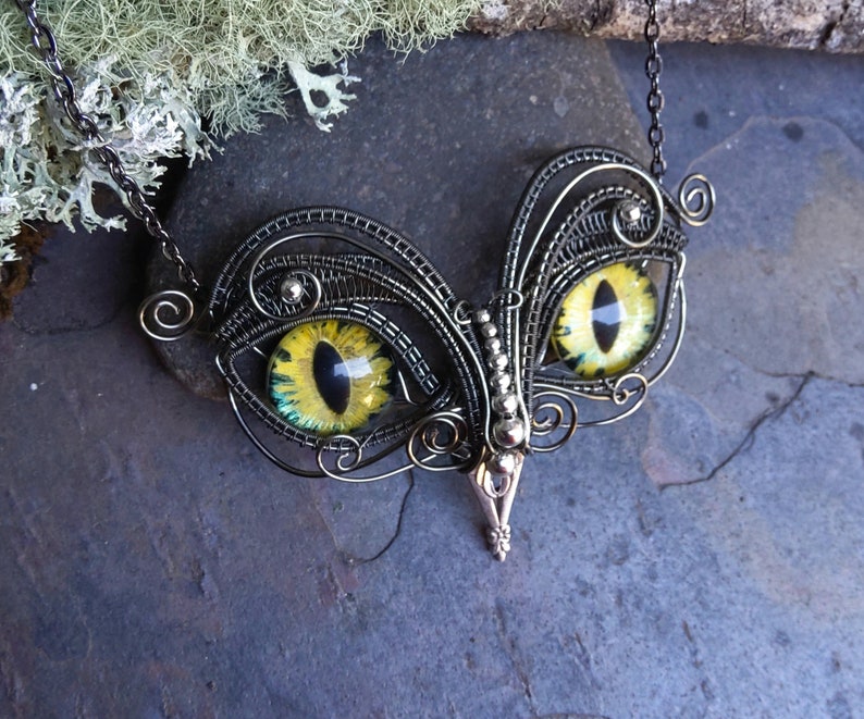 Gothic Steampunk Twisted Sister Arts Owl Pendant with Yellow Eyes image 4