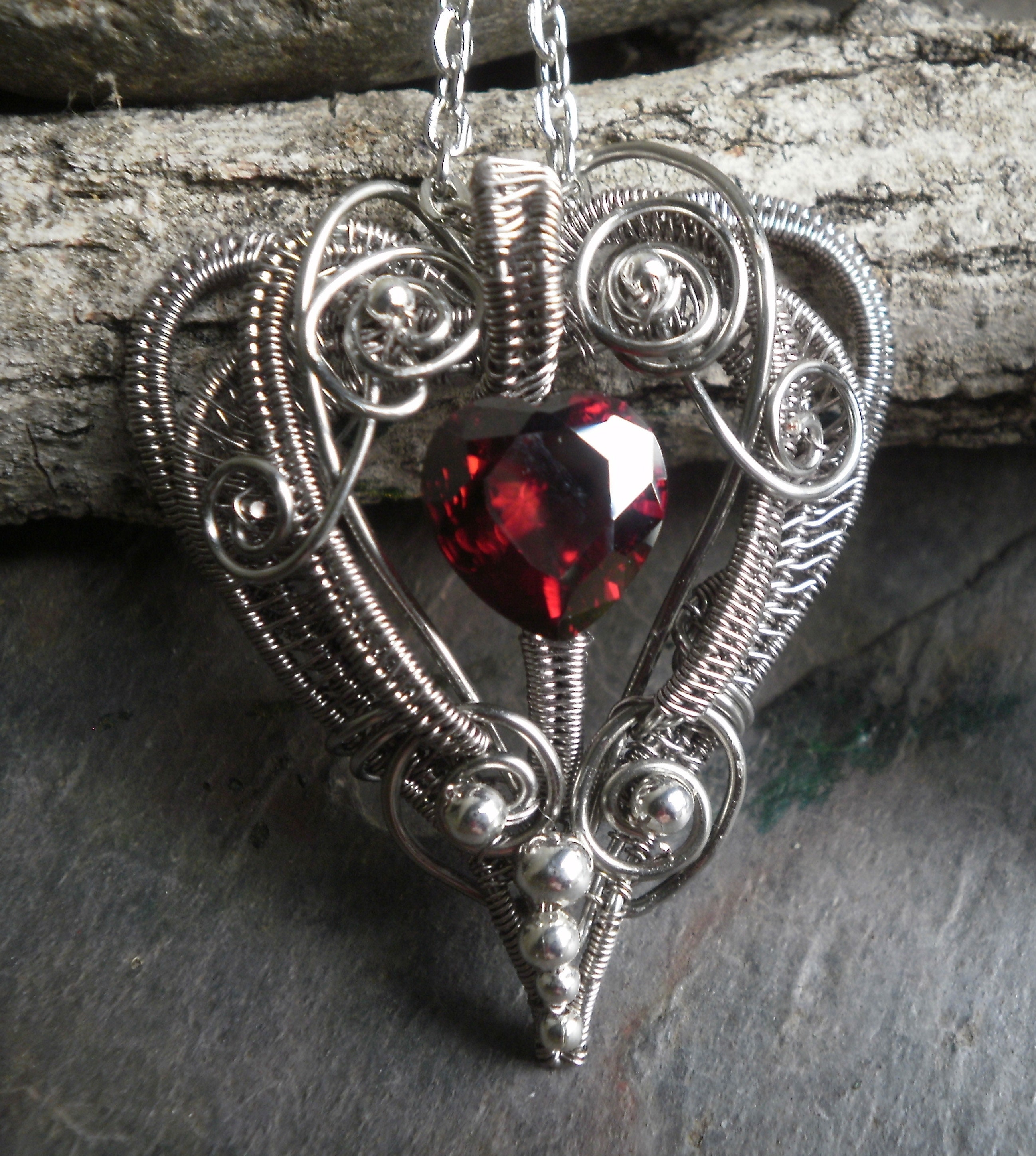Gothic Heart Pendant with Blood Red Cubic Zirconia