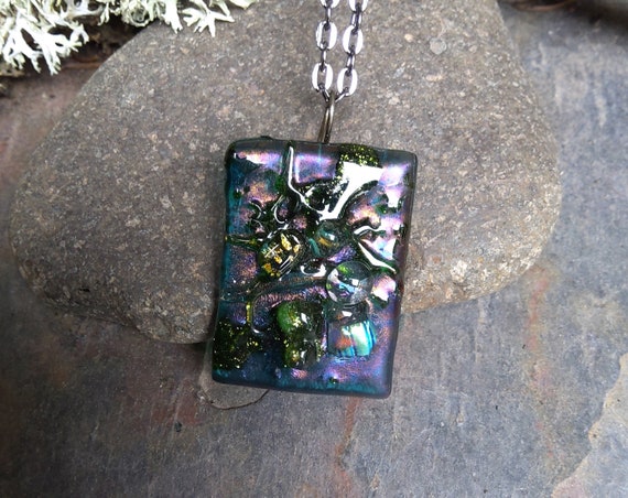 Twistedsisterarts Turquoise Iridescent Fused Glass Pendant