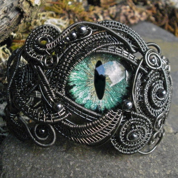 Gothic Steampunk Dark Aqua Evil Eye Cuff Bracelet Adjustable Size 7 to 8