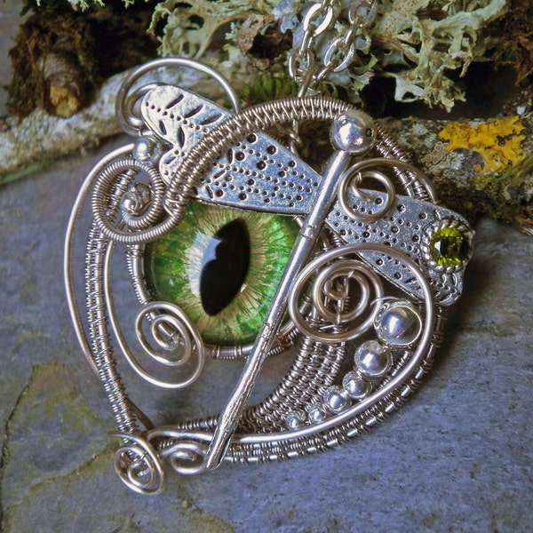Gothic Steampunk Green Eye Dragonfly Pendant