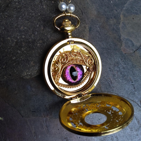 Twistedsisterarts Golden Pocketwatch Case Necklace with Colorshift Eye