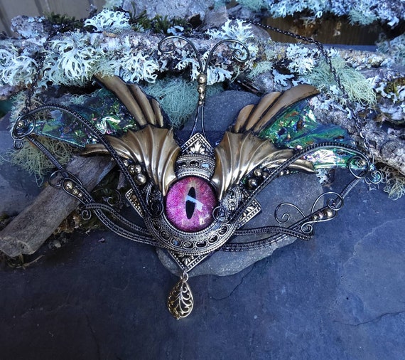 Gothic Steampunk Pink Evil Eye with Blue Green Wings Necklace