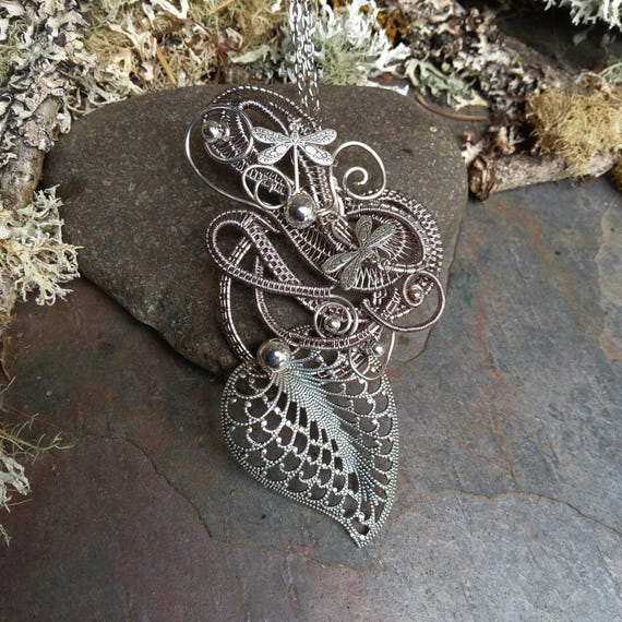 Dragonfly and Leaf Pendant Necklace