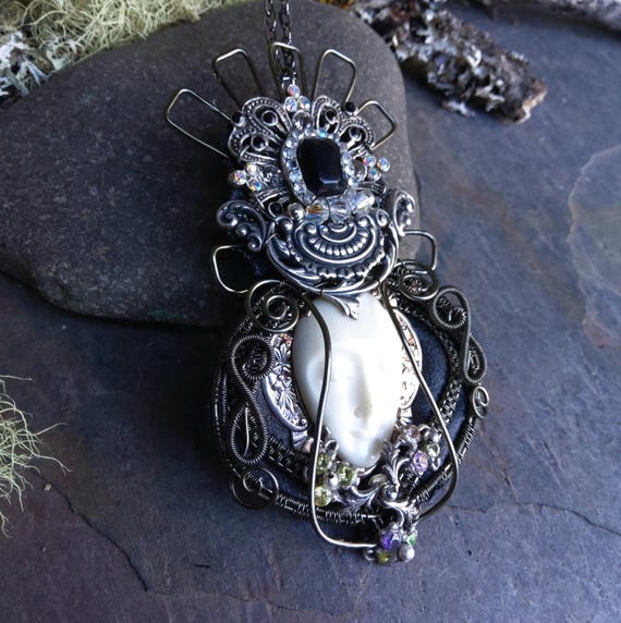 Gothic Queen Pendant with Carved Bone Face