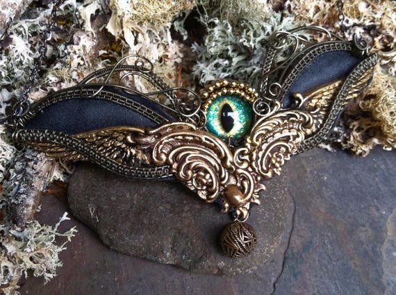 Gothic Steampunk Winged Green Eye Necklace