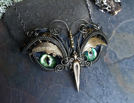 Gothic Steampunk Owl with Green Pink Colorshifting Eyes