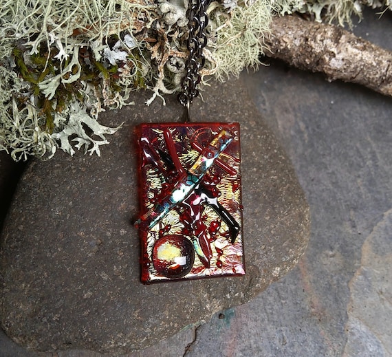 Twistedsisterarts Red Iridescent Fused Glass Pendant