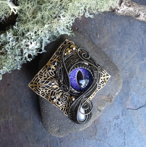 Gothic Steampunk Pin Brooch Pendant with Purple Eye and Pearl