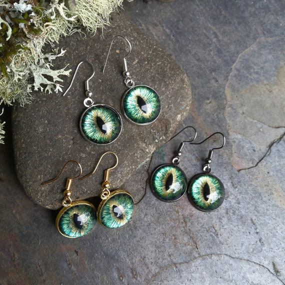 Gothic Steampunk Green Eye Earrings