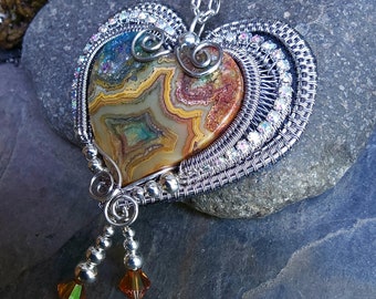 Handwoven Stone Heart Pendant with Rhinestones