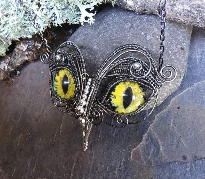 Gothic Steampunk Twisted Sister Arts Owl Pendant with Yellow Eyes image 3