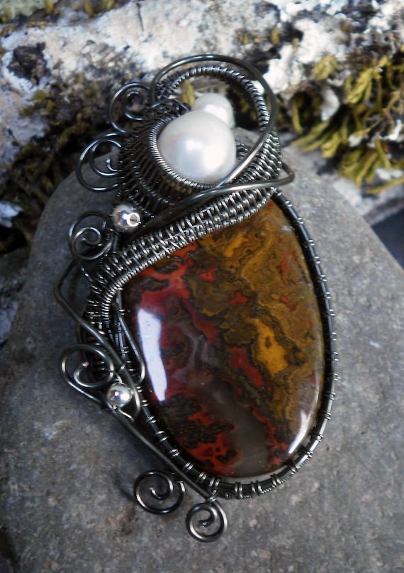 Moroccan Agate, Pearl and Dark Silver Wire Pendant on a 20 inch Chain