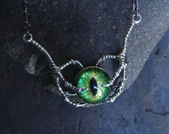 Gothic Steampunk Green Dragon Eye Double Claw Necklace in Silver