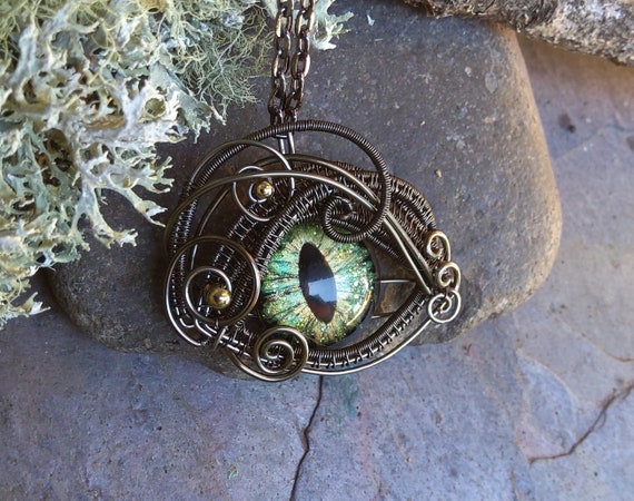 Gothic Steampunk Twisted Sister Arts Green Eye Pendant