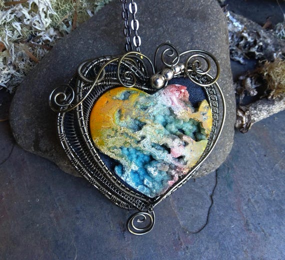 Multicolored Heart with Woven Wire Pendant