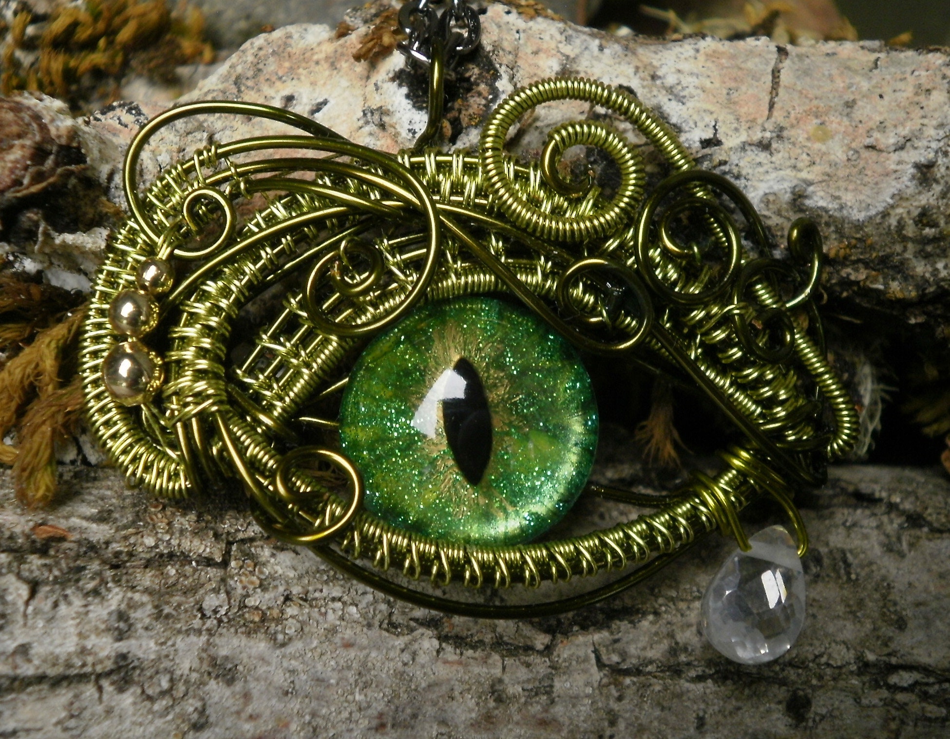 Gothic Steampunk Green Gold Eye Pendant Small Size