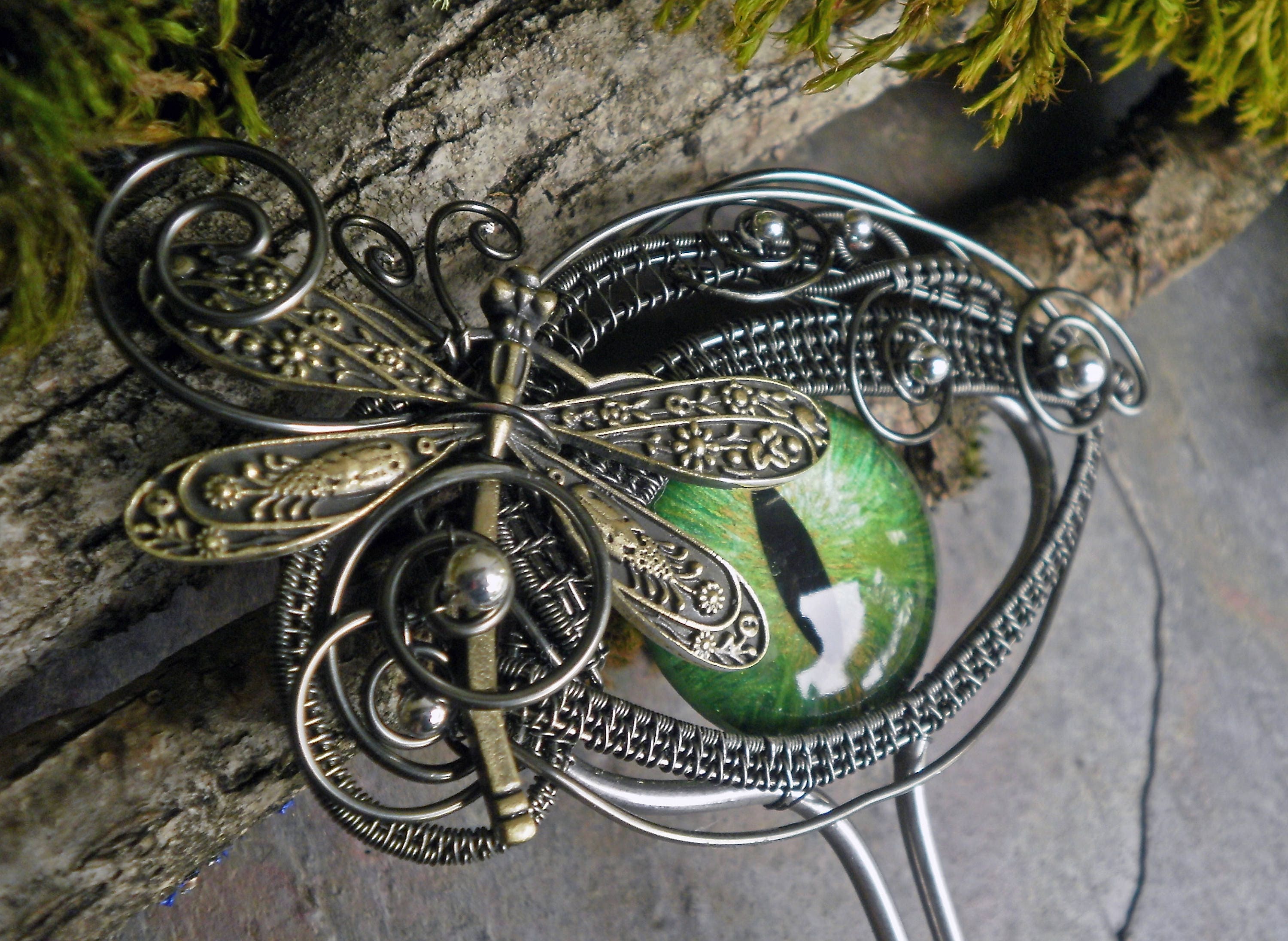 Gothic Steampunk Green Eye Hair Stick Haarstuck With Dragonfly