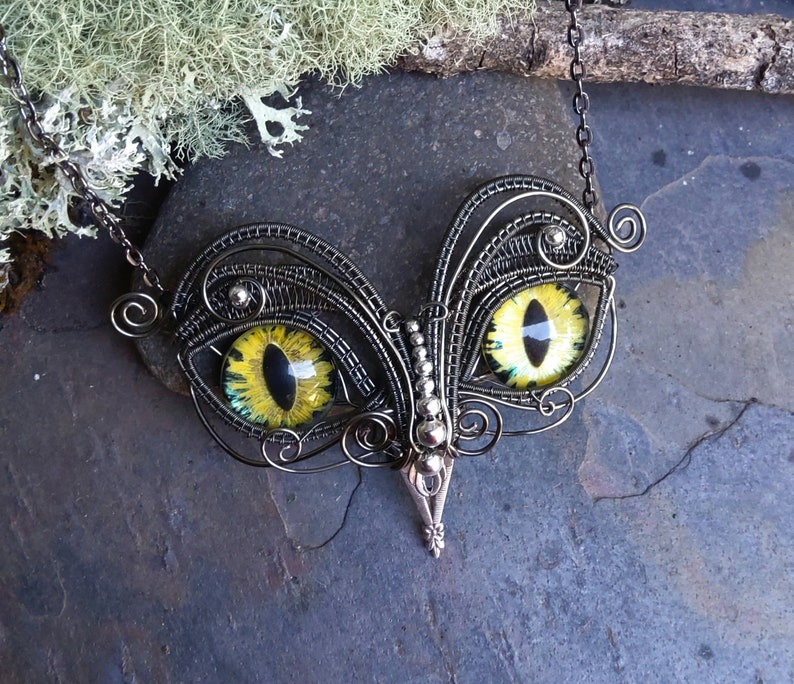 Gothic Steampunk Twisted Sister Arts Owl Pendant with Yellow Eyes image 6