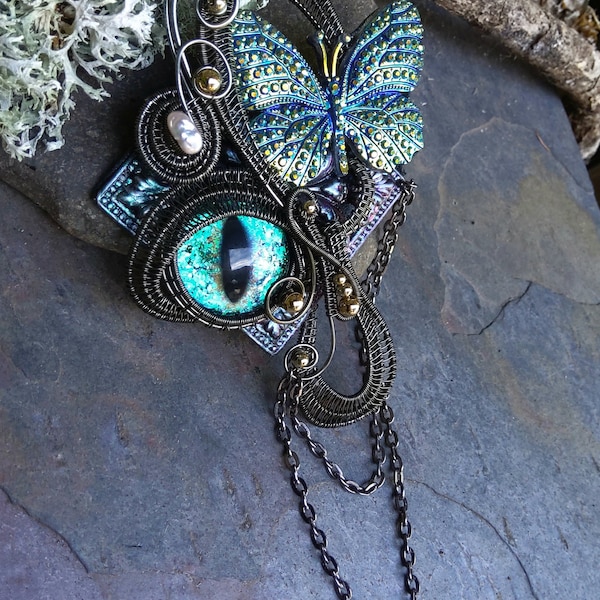 Gothic Steampunk Colorshifting Eye Pin Pendant with Butterfly