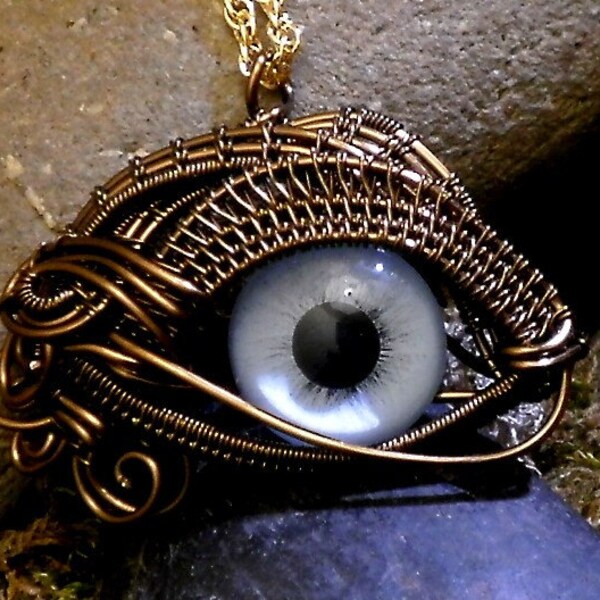 Gothic Steampunk Itty Bitty Evil Eye in Bronze Creepyness With Blue Glass Eye