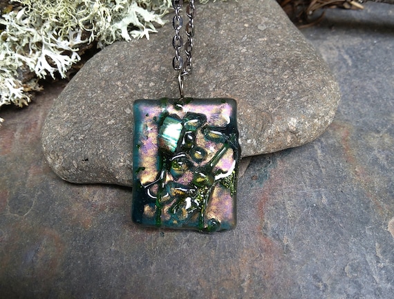Twistedsisterarts Turquoise Iridescent Fused Glass Pendant