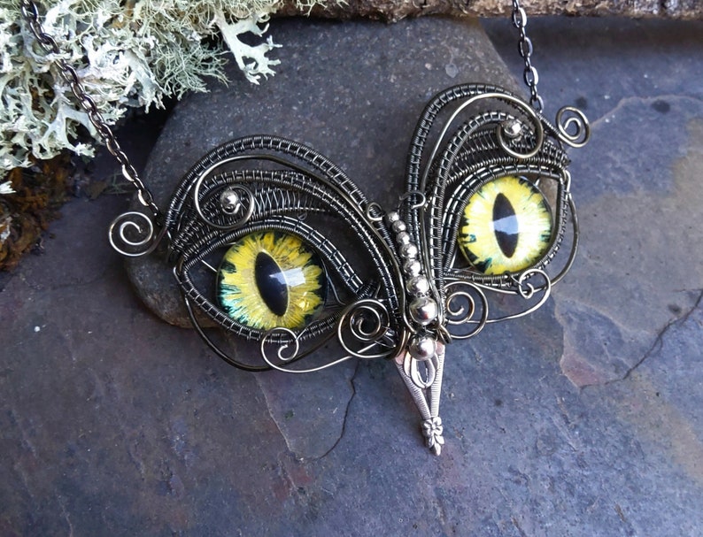 Gothic Steampunk Twisted Sister Arts Owl Pendant with Yellow Eyes image 5