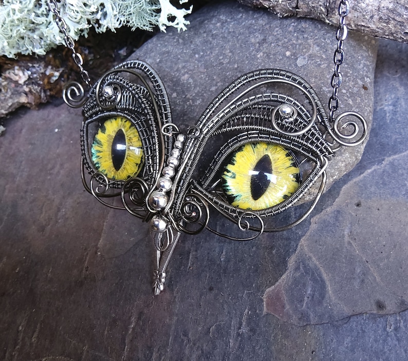 Gothic Steampunk Twisted Sister Arts Owl Pendant with Yellow Eyes image 2