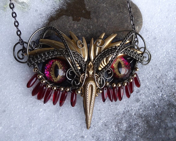 Gothic Steampunk Red Eye Owl Necklace with Red Fringe