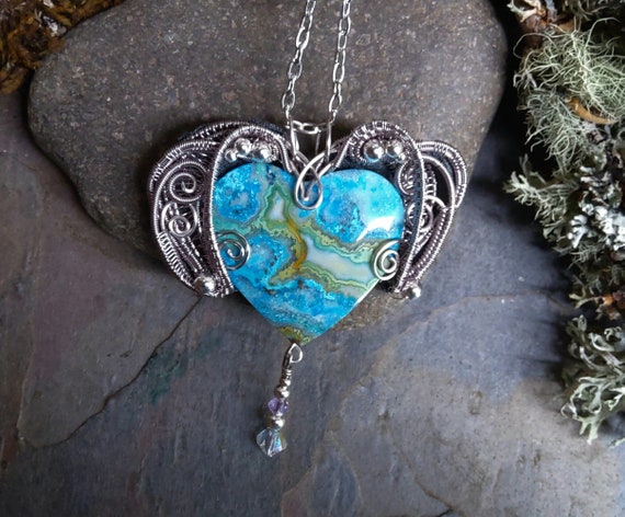 Turquoise Blue Moss Agate Heart Pendant Part 5