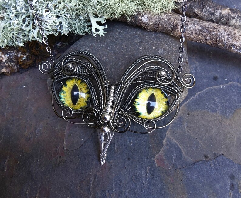 Gothic Steampunk Twisted Sister Arts Owl Pendant with Yellow Eyes image 7