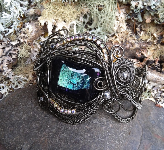 Gothic Steampunk Cuff Bracelet with Fused Glass Stone
