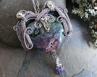 Lavender Purple Moss Agate Heart Pendant Part 8