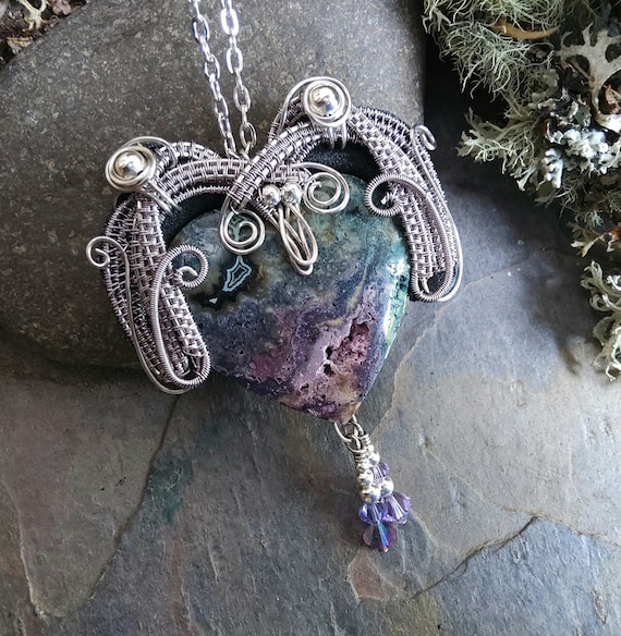 Lavender Purple Moss Agate Heart Pendant Part 8