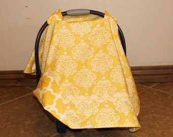 Car Seat Canopy - Yellow Ribbon Damask Carseat Canopy - Neutral Car Seat Tent - Infant Carrier Cover - Baby Shower Gift