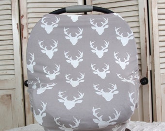 CAR SEAT CANOPY - Buck Grey - Knit Carseat Canopy, Nursing Cover, Shopping Cart Cover & Scarf - Stretchy Infant Carrier Cover - Baby Tent