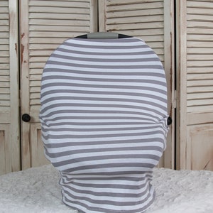 CAR SEAT CANOPY - Grey and White Stripe Knit Stretchy Car Seat Canopy, Nursing Cover, Shopping Car Cover & Scarf - Stretchy Infant Cover