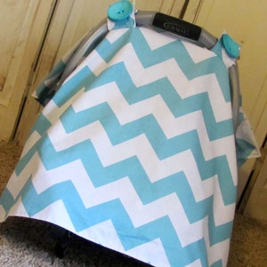 Car Seat Canopy Large Aqua Chevron Carseat Canopy Baby Car Seat Tent Car Seat Cover Boy Baby Shower Gift Infant Carrier Cover image 2