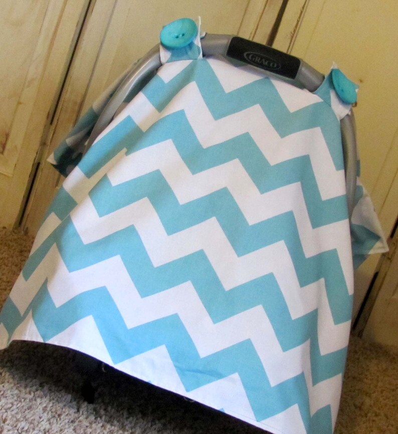 Car Seat Canopy Large Aqua Chevron Carseat Canopy Baby Car Seat Tent Car Seat Cover Boy Baby Shower Gift Infant Carrier Cover image 2