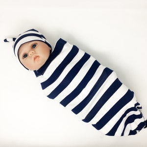 Swaddle Sack & Knotted Baby Hat - Navy Stripe - Knit Swaddling Sack- Swaddle Cocoon Newborn Baby Swaddle Cocoon Baby Sleep Sack Baby Gift