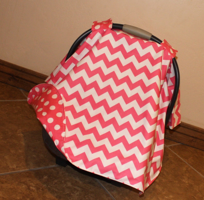 Car Seat Canopy Medium Pink Chevron Carseat Canopy Baby Girl Car Seat Tent Infant Carrier Cover Baby Shower Gift image 2