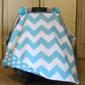 Car Seat Canopy Large Aqua Chevron Carseat Canopy Baby Car Seat Tent Car Seat Cover Boy Baby Shower Gift Infant Carrier Cover image 1