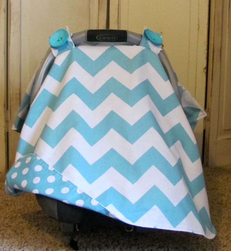 Car Seat Canopy Large Aqua Chevron Carseat Canopy Baby Car Seat Tent Car Seat Cover Boy Baby Shower Gift Infant Carrier Cover image 1