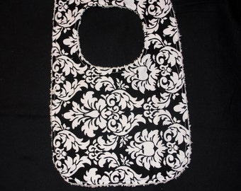 Toddler Bib - Black Dandy Damask Toddler Bib with Chenille Back - Toddler and Baby Bib for Feeding and Burping - Baby Shower Gift